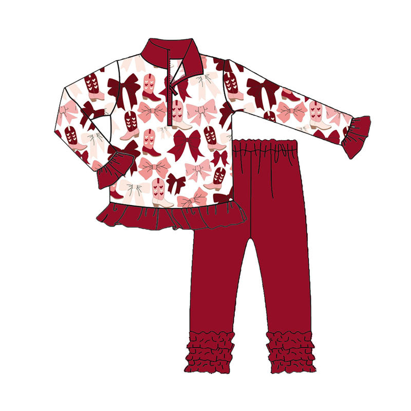 Preorder (moq 5)Baby Girls Red Pink Bows Boots Zipper Pullover Valentine Ruffle Leggings Clothes Sets