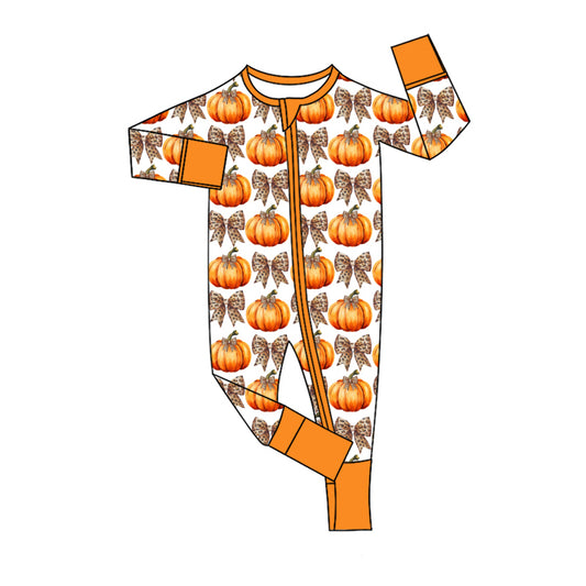 Preorder (moq 5)Baby Girls Leopard Bow Pumpkins Fall Two Way Zip Convertible Rompers