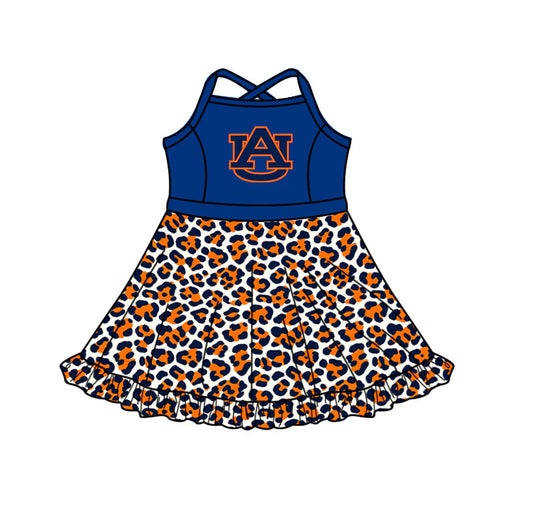 Preorder (custom moq 5)Baby Girls Strap Leopard AU Short Ruffle Team Knee Length Dress