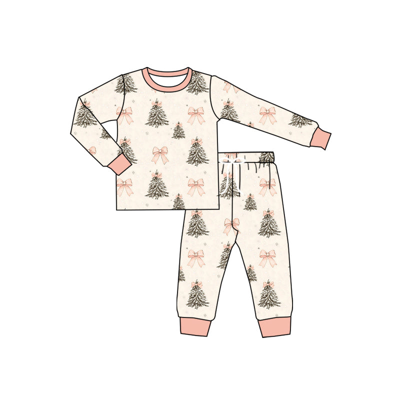 Preorder (moq 5)Baby Boys Long Sleeves Pink Bows Trees Top Pant Pajamas Set
