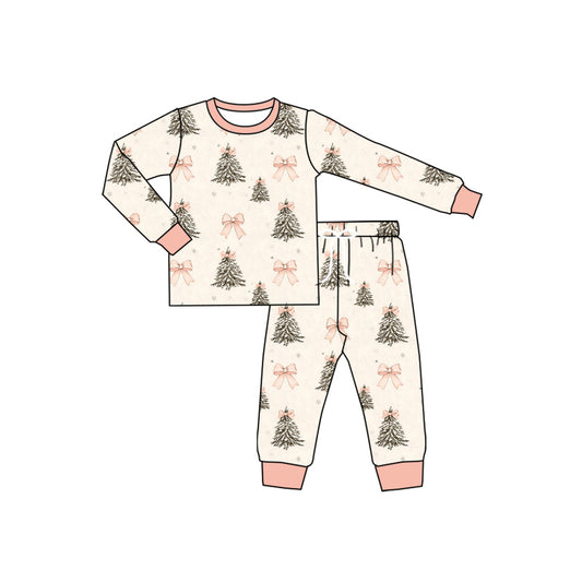 Preorder (moq 5)Baby Boys Long Sleeves Pink Bows Trees Top Pant Pajamas Set