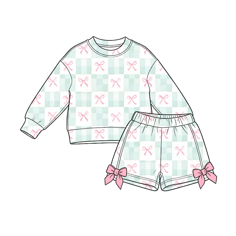 Preorder (moq 5) Baby Girl Clothes Mint Check Pink Bow Mixed Print Long Sleeve Sweatshirt Bow Short Set