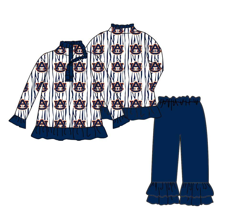 Preorder(moq 5) Baby Girls Navy AU Stripe Button Pullovers Ruffle Pants Team Clothes Sets