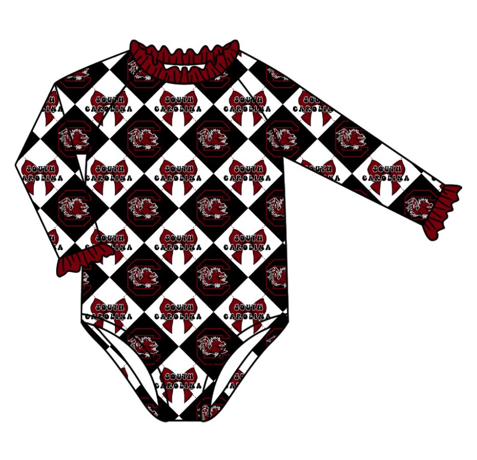 Preorder (moq 5)Baby Girls Long Sleeve Team Bows Checked One Piece Swimsuits