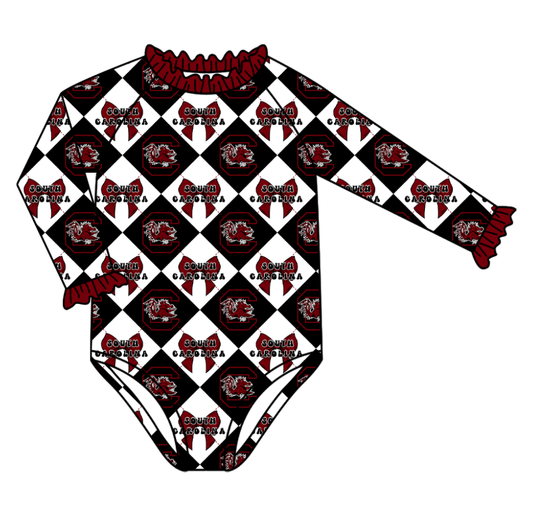Preorder (moq 5)Baby Girls Long Sleeve Team Bows Checked One Piece Swimsuits