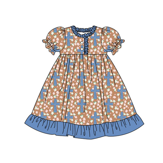 Preorder (moq 5)Baby Girls Flowers Crosses Easter Button Ruffle Knee Length Dresses