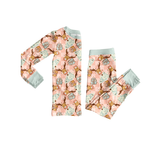Preorder (moq 5)Baby Girls Long Sleeves Deer Trees Plaid Top Pant Pajamas Sets
