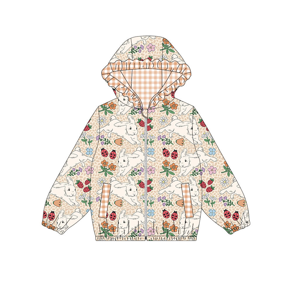 Preorder(moq 8)Baby Girls Flowers Rabbits Pocket Zipper Easter Ruffle Hoodie Jackets
