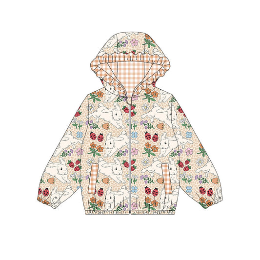 Preorder(moq 8)Baby Girls Flowers Rabbits Pocket Zipper Easter Ruffle Hoodie Jackets