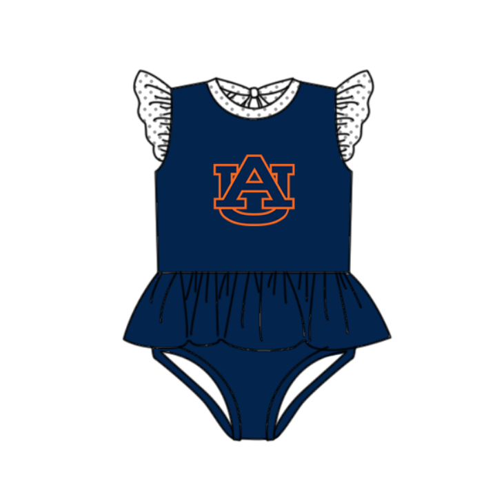Preorder moq 5 Baby Girls Navy Flutter Sleeve AU Team Swimsuits
