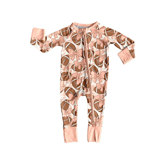 Preorder (moq 20)Baby Girls Bamboo Pink Checked Bows Footballs Team Zippy Footie Rompers