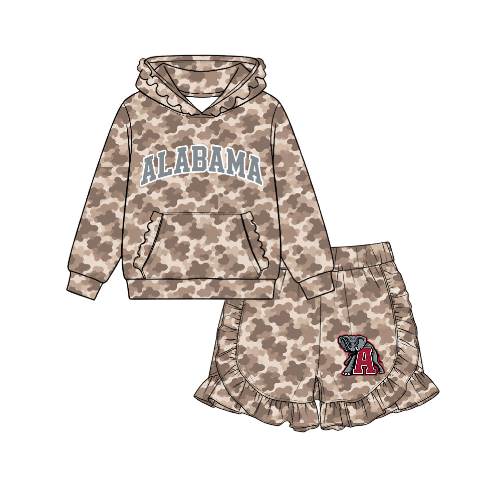 Preorder (moq 5) Baby Girl Clothes Alabama Elephant Mascot Camo Print Long Sleeve Ruffle Hoodie & Ruffle Short Set