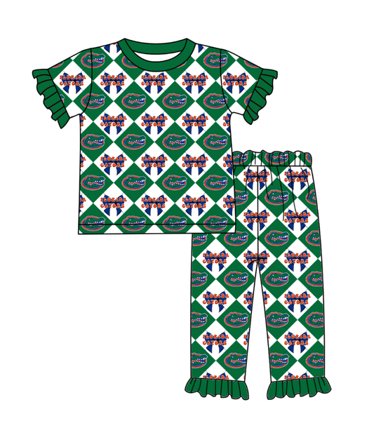 Preorder moq 5 Baby Girls Short Sleeve Crocodiles Bows Top Ruffle Pants Team Clothes Set