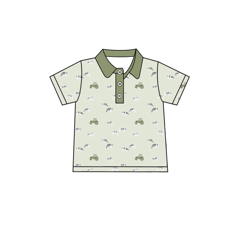 Preorder moq 5 Baby Boys Short Sleeve Cows Trucks Farm Button Polo Shirts Top