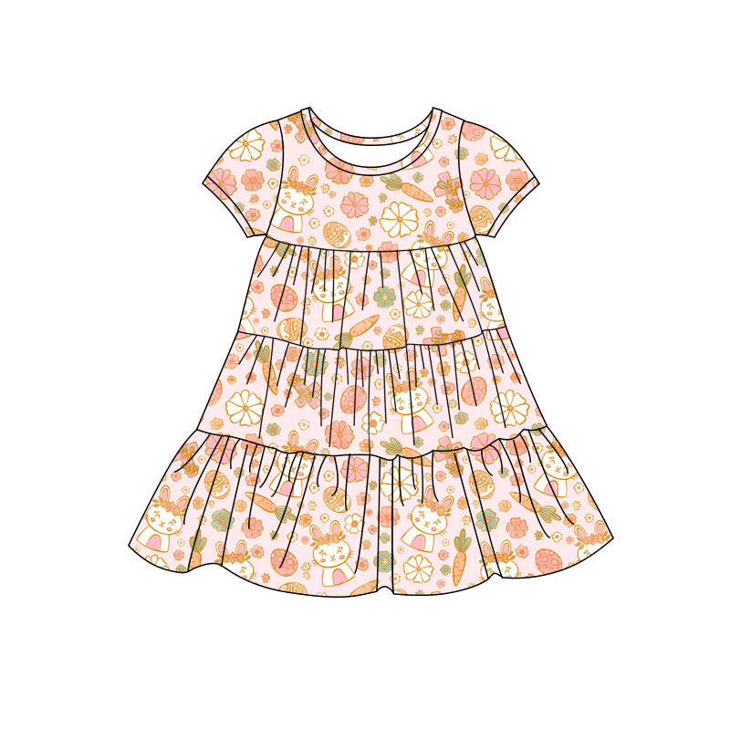 Preorder(moq 5) Baby Girls Rabbits Carrots Flowers Easter Patchwork Ruffle Knee Length Dresses