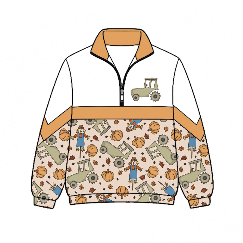 Preorder (moq 5)Baby Boys Pumpkins Leaves Trucks Farm Fall Zip Pullovers Top