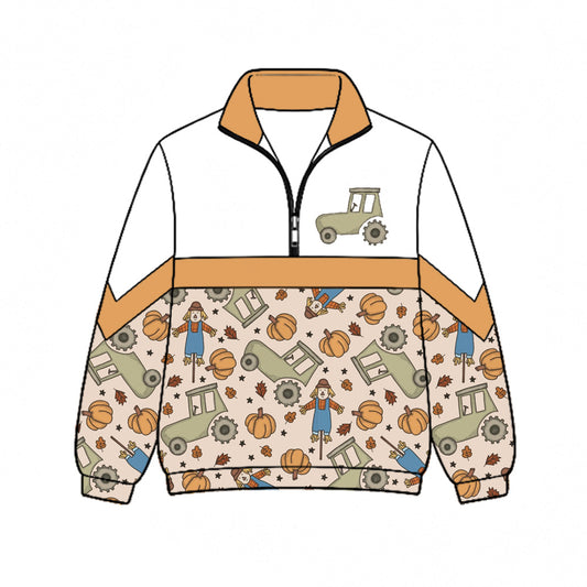 Preorder (moq 5)Baby Boys Pumpkins Leaves Trucks Farm Fall Zip Pullovers Top