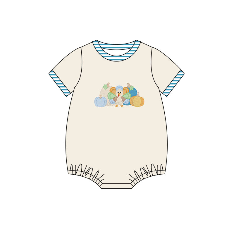 Preorder (moq 5)Baby Boys Khaki Short Sleeves Turkey Pumpkins Bummies Rompers