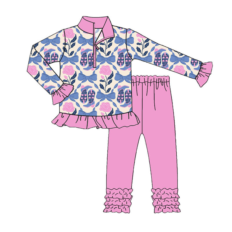 Preorder (moq 5)Baby Girls Pink Blue Flowers Bows Boots Zipper Pullover Ruffle Leggings Clothes Sets
