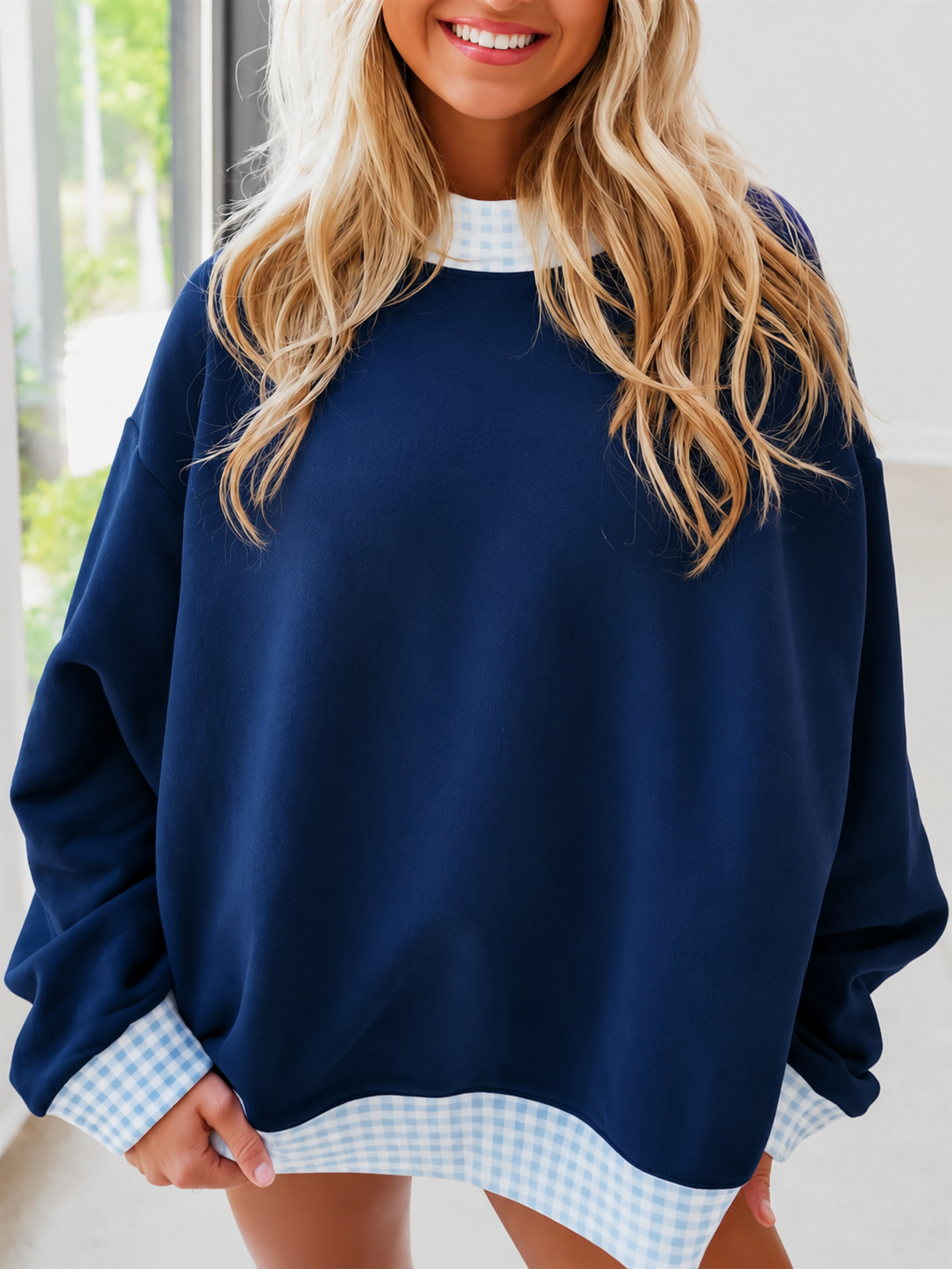 Adult Women Navy Sweater Gingham Tee Shirts Tops Preorder