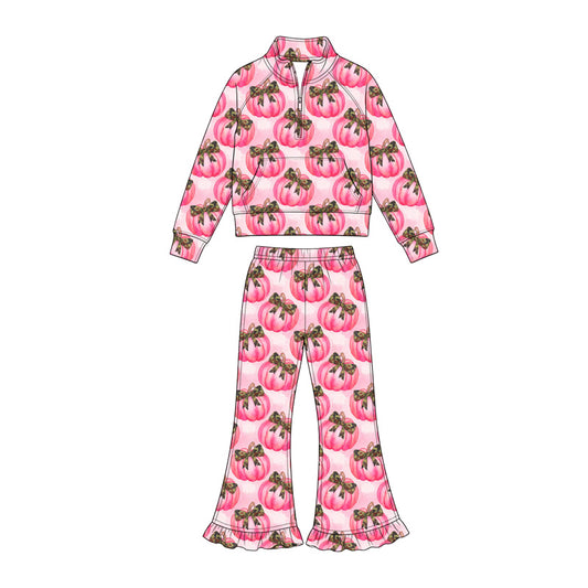 Preorder (moq 5)Baby Girls Bows Pumpkins Zip Pocket Pullover Top Bell Bottom Pant Fall Clothes Sets