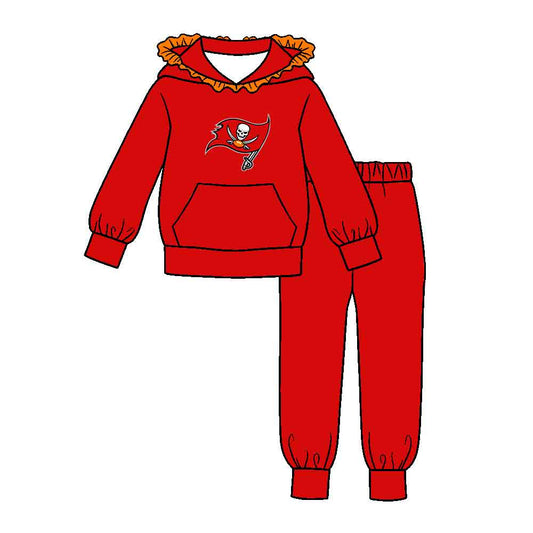 Preorder (moq 5)Baby Girls Red Buccaners Pocket Ruffle Hoodie Joggers Team Clothes Set