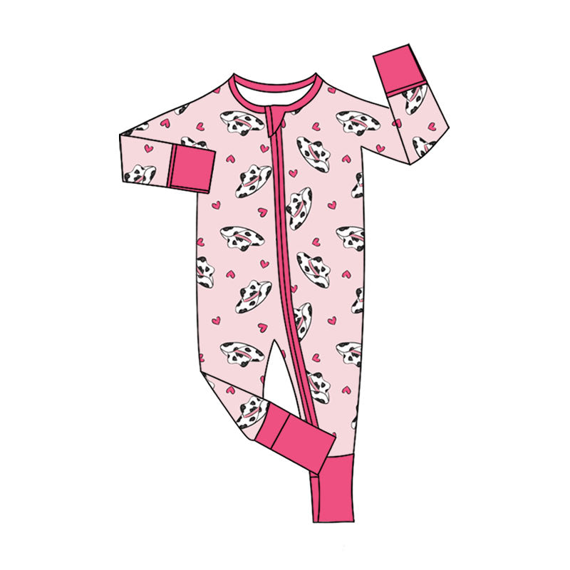Preorder (moq 5)Baby Girls Howdy Cow Print Hats Hearts Western Zipper Footie Rompers
