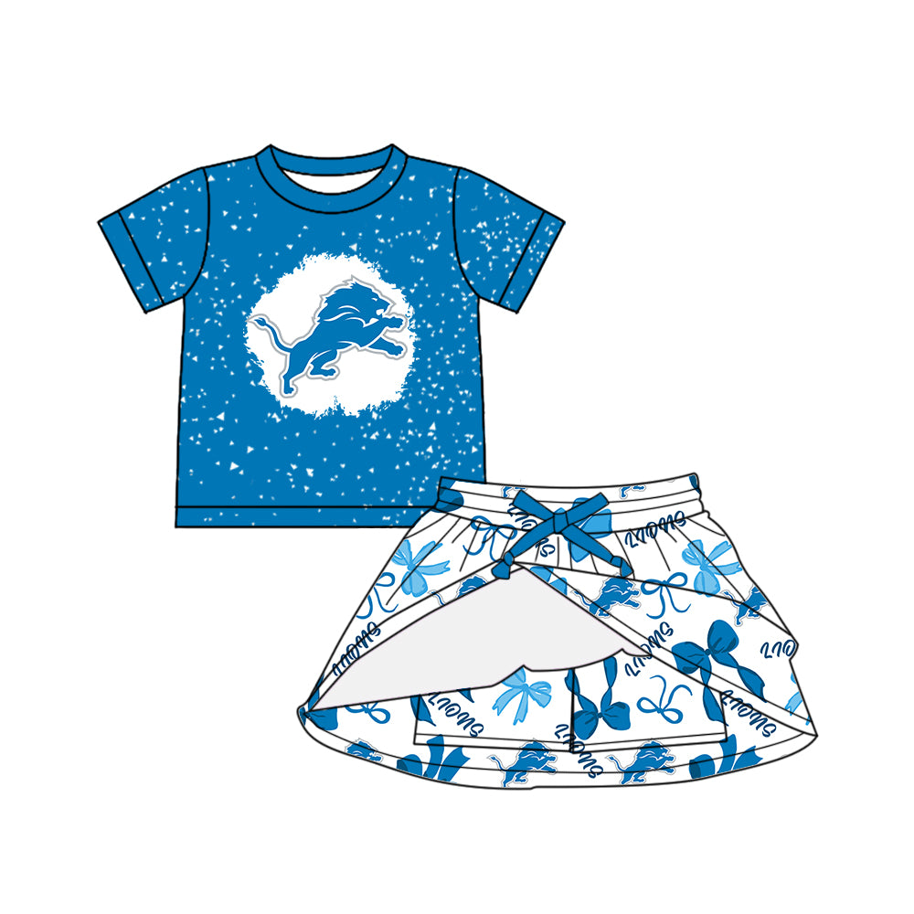 Preorder (moq 5)Baby Girls Blue Short Sleeves Lions Top Bows Plaid Skorts Team Set
