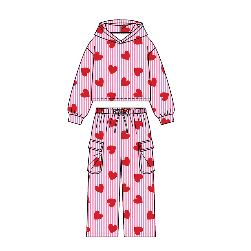 Preorder (moq5) Girls Valentine Heart Kiss Print Hoodie Pockets Joggers Team Clothes Set