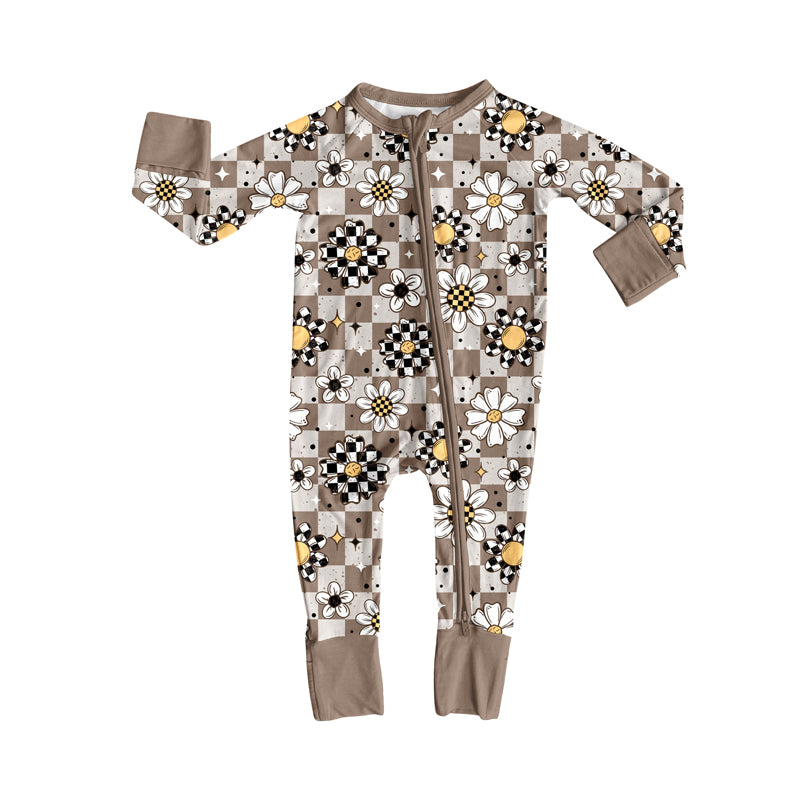 preorder(moq 5)Baby Infant Boys Long Sleeves Sun Flowers Plaid Zipper Rompers