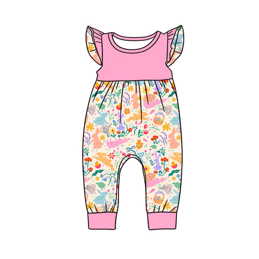 Preorder (moq 5)Baby Girls Flutter Sleeve Colorful Flowers Rabbits Easter Pant Rompers
