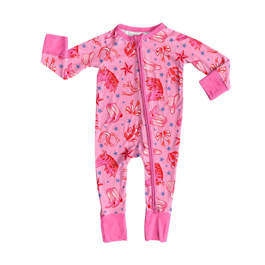 Preorder (moq 8)Baby Girls Pink Hats Boots Horses Western Zipper Footie Rompers