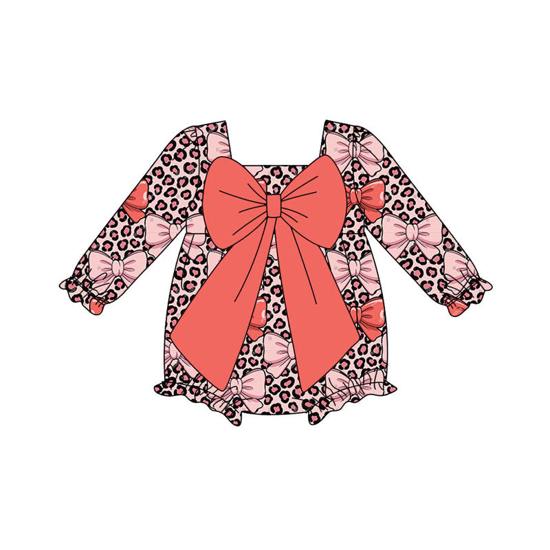 Preorder (moq 8)Baby Girls Peach Leopard Bows Plaid Ruffle Rompers