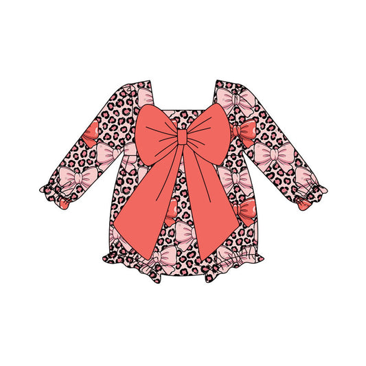 Preorder (moq 8)Baby Girls Peach Leopard Bows Plaid Ruffle Rompers
