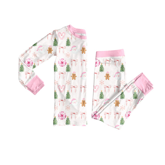 Preorder (moq 5)Baby Girls Long Sleeves Pink Bows Gingerbread Top Pant Pajamas Set