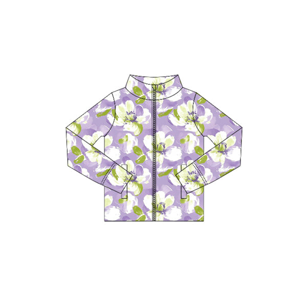 Preorder (moq 5)Baby Girls Long Sleeves Lavender Flowers Zipper Pockets Yoga Jackets Top