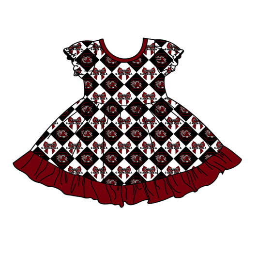 Preorder (moq 5)Baby Girls Team Bows Checked Ruffle Knee Length Dresses