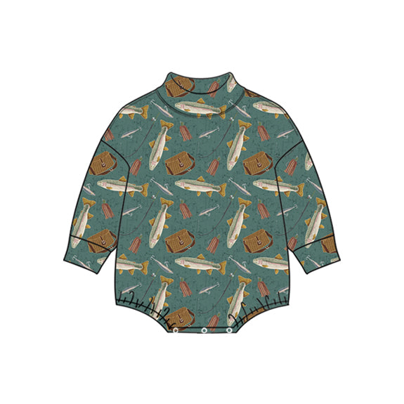 Preorder (moq 5) Baby Boy Clothes Trout Fishing Gear Outdoor Print Long Sleeve Bubble Romper