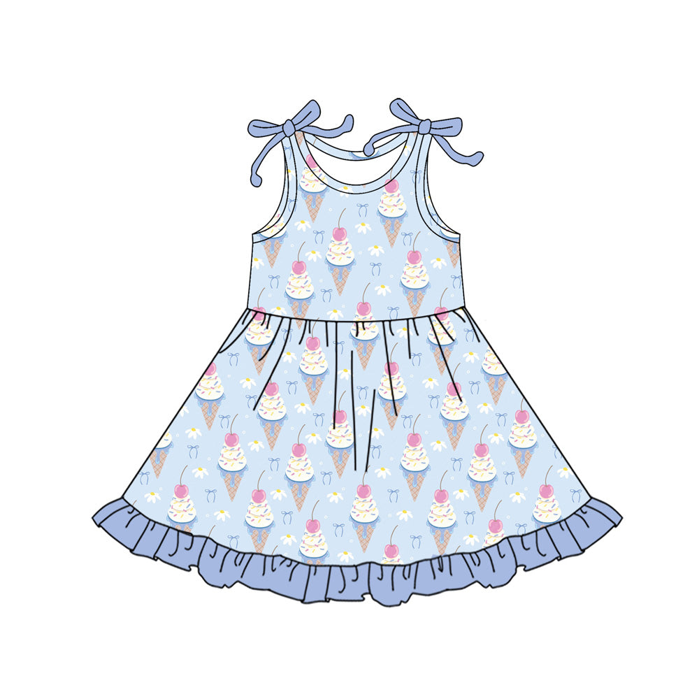 Preorder (moq 5)Baby Girls Bows Sleeveless Ice Creams Ruffle Knee Length Dresses