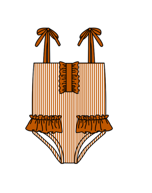 Preorder moq 5 Baby Girls Strap Orange Stripe Team Swimsuits