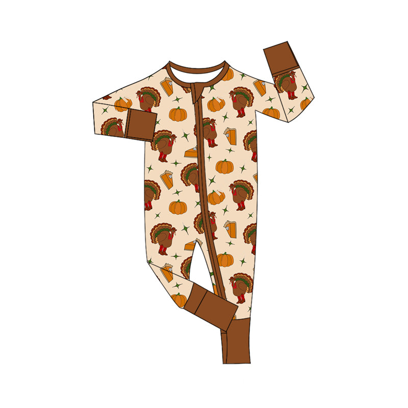Preorder moq 5 Baby Infant Boys Long Sleeves Turkey Pumpkins Pie Plaid Zipper Rompers