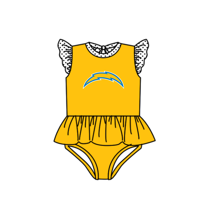Preorder moq 5 Baby Girls Yellow Fur Flutter Sleeve Team Swimsuits