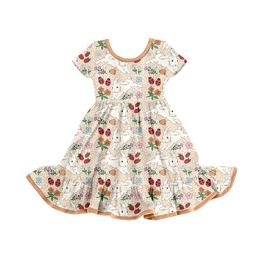 Preorder(moq 8)Baby Girls Flowers Rabbits Easter Ruffle Knee Length Dresses
