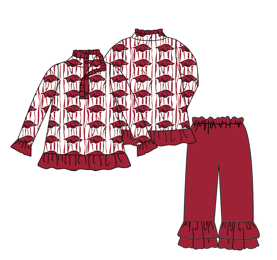 Preorder(moq 5) Baby Girls Red Bulls Stripe Button Pullovers Ruffle Pants Team Clothes Sets