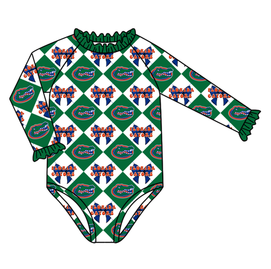 Preorder (moq 5)Baby Girls Long Sleeve Crocodiles Bows Team Ruffle Rompers