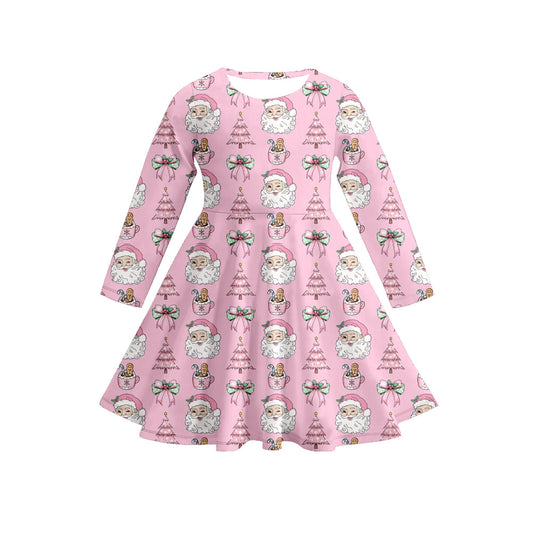 Preorder (moq 5)Baby Girls Long Sleeves Pink Christmas Trees Santa Plaid Knee Length Dresses