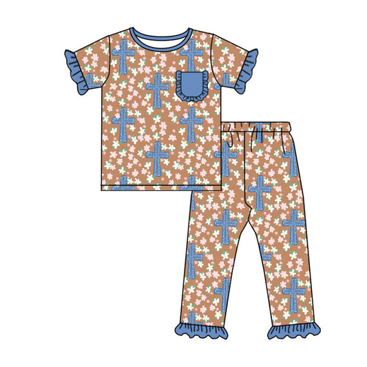 Preorder (moq 5)Baby Girls Flowers Crosses Top Ruffle Pants Easter Pajamas Sets