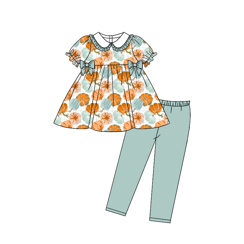 Preorder moq 5 Baby Girls Short Ruffle Sleeves Pumpkins Plaid Tunic Leggings Pant Set