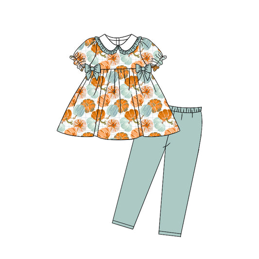 Preorder moq 5 Baby Girls Short Ruffle Sleeves Pumpkins Plaid Tunic Leggings Pant Set