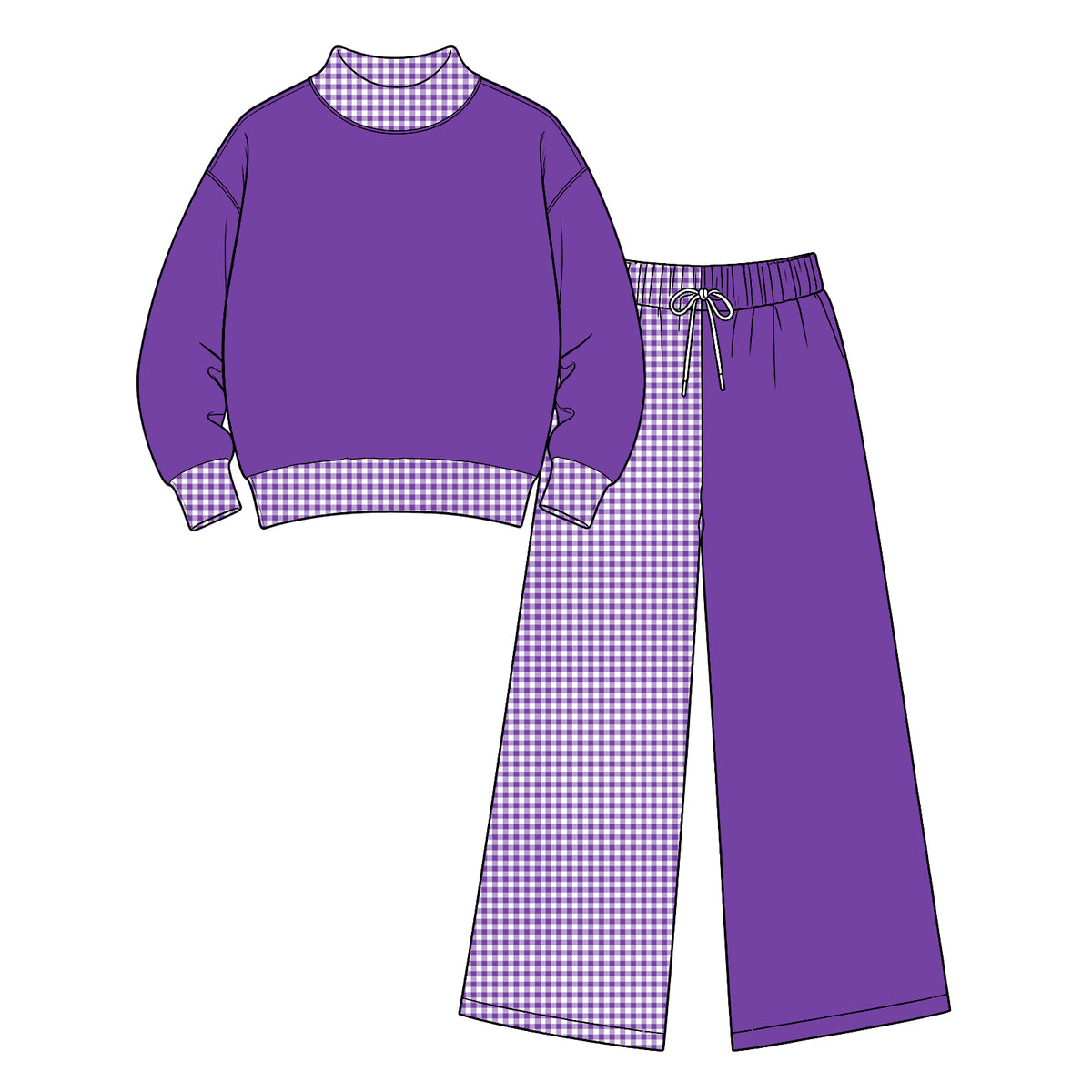 Preorder (moq 5) Baby Girl Clothes Solid Purple Gingham Contrast Print Long Sleeve Wide Leg Pant Boutique Outfit Set